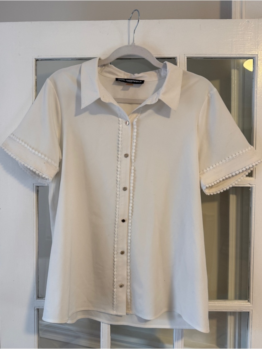 Karl Lagerfeld White Button-Front Short Sleeve Blouse with Trim